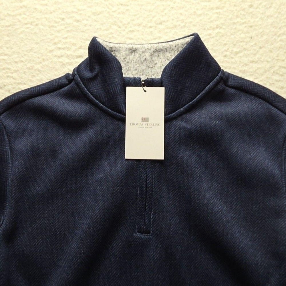 Thomas Sterling Sweater Mens Medium Blue Herringbone Fleece Mock Neck Pullover
